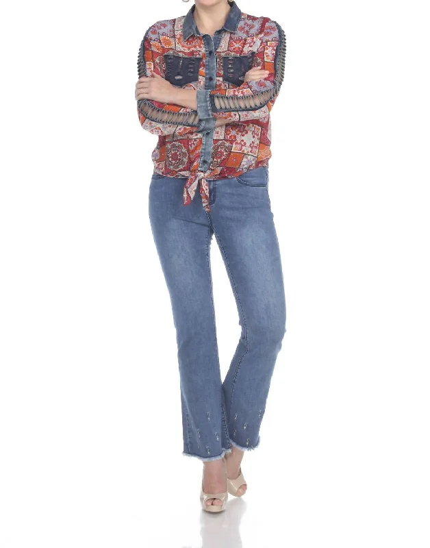 Multi Colored Tie Front Denim Chiffon Blouse With Lattice Sleeve Women's Clothes