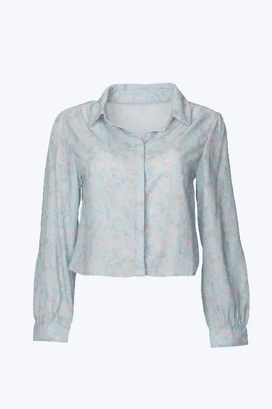 Cropped Floral-Print Pleated Chiffon Blouse In Pastel Floral Women's Formal Clothes