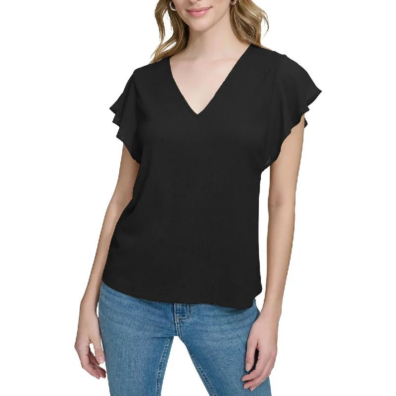 Womens Chiffon Trim V Neck Blouse Women's Contemporary Apparel