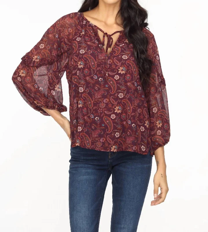 Gredana Ruffle Chiffon Blouse In Burgundy Women's Athleisure Apparel