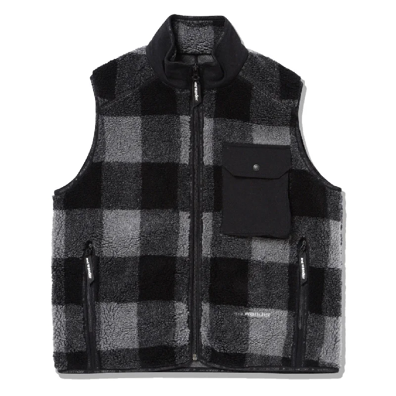 And Wander Womens Check Boa Vest Gray Women's Functional Outdoor Garments