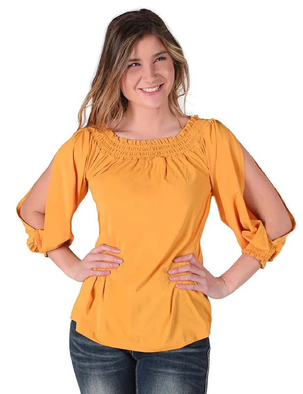 Cowgirl Tuff Womens Flowy Cooling UPF Gold Nylon L/S Shirt Women's Work Outfit For The Office