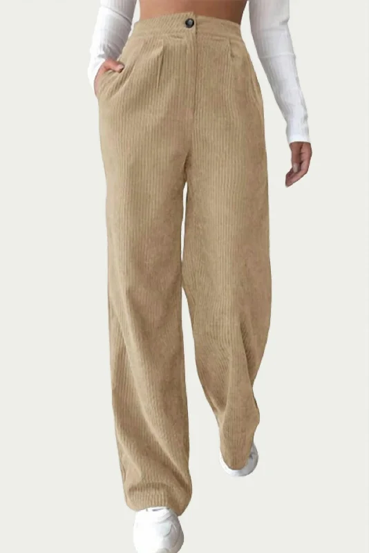 High-Waist Pleated Corduroy Pants In Beige Women's Travel Garments