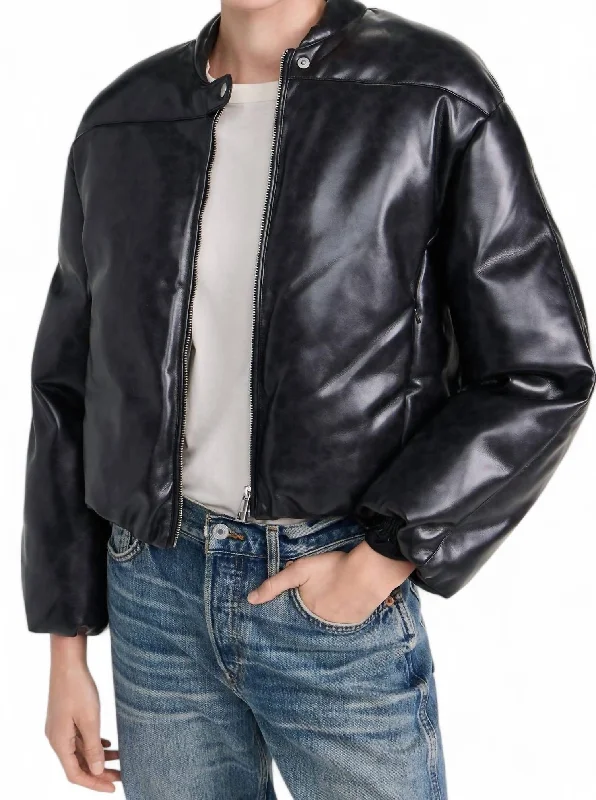 Faux Leather Gigi Padded Cropped Bomber Jacket In Black Casual Outfit For Women