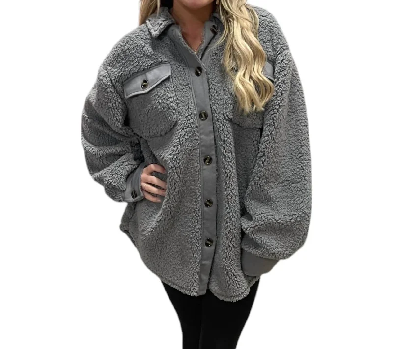 Faux Sherpa Shacket In Milley Grey Women's Attire