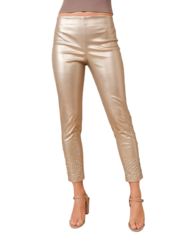 Fab Stretch Studded Rhinestone Leggings In Metallic Champagne Women's Party Outfit