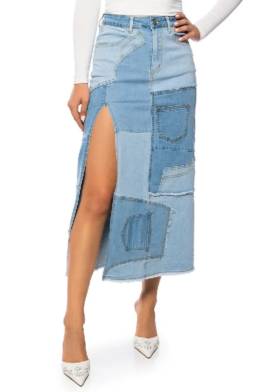 ANGEL PATCHWORK DENIM MAXI SKIRT Fashion-Forward Women's Clothing