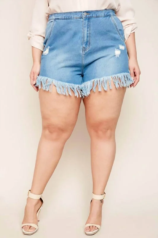 Fringe Hemmed Denim Shorts - Plus In Medium Wash Women's Everyday Attire