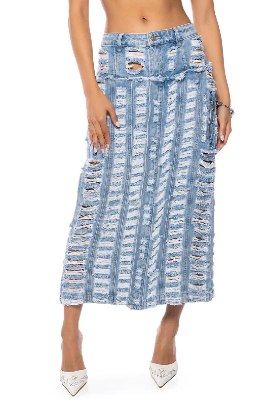 KENNIE DISTRESSED DENIM MIDI SKIRT Women's Functional Outfit For Outdoor Activities