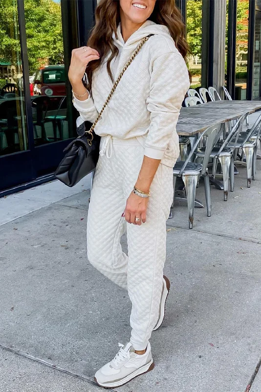 White Quilted Hoodie and Sweatpants Two Piece Set Casual Fashion Trends for Women