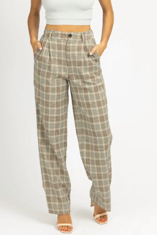 Plaid Pleated Pants In Sage Women's Casual Clothing For Lounging