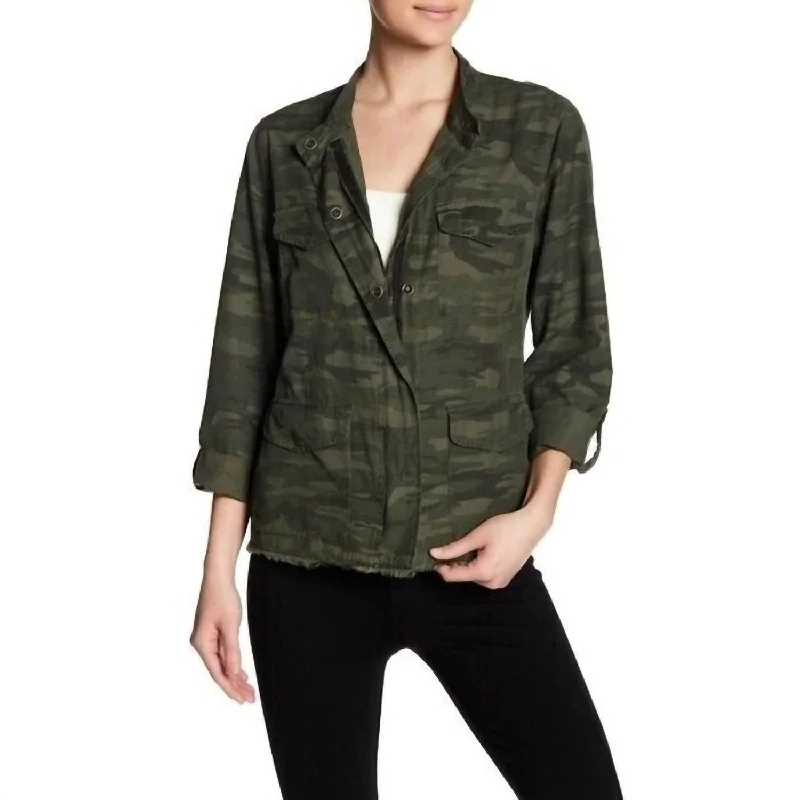 Fray Hem Utility Camo Print Military Jacket In Green Women's Clothes For Outdoor Events