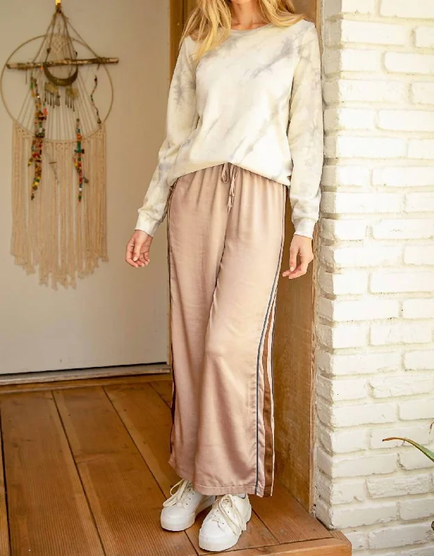 Side Stripe Satin Straight Leg Pants In Warm Grey Effortless Chic for Women