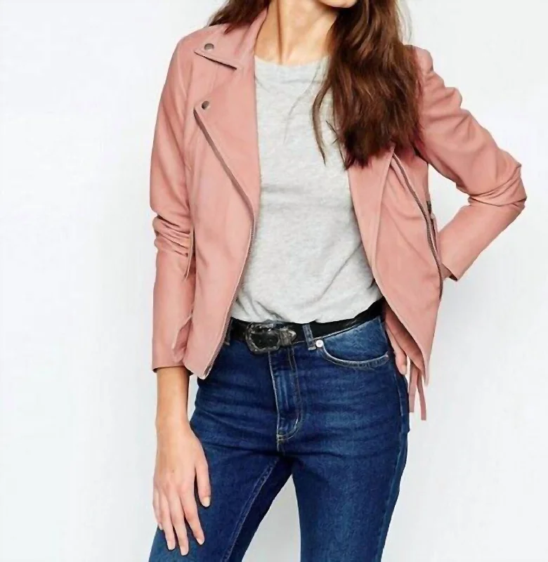 Holmdale Leather Moto Biker Jacket In Pink Women's Relaxed Outfit