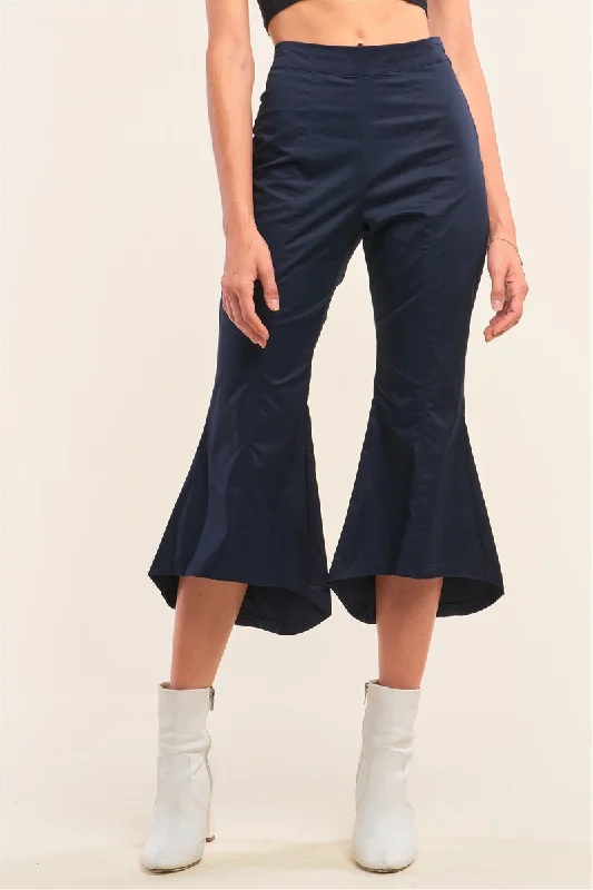 FASHNZFAB Navy Solid High Waisted Retro Bell Bottom Flare Pants Vintage Fashion