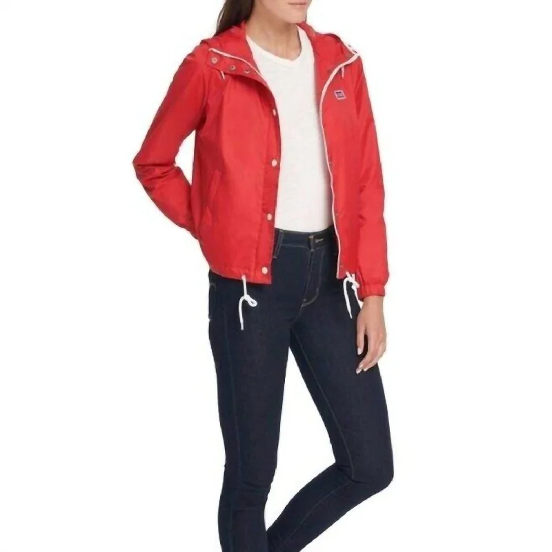 Nylon Windbreaker Hooded Zip Up Rain Jacket In Red Designer Women's Fashion Online