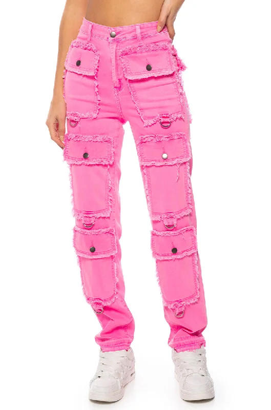 POCKET FULL OF SUNSHINE CARGO JEANS IN HOT PINK Chic Women's Outfit