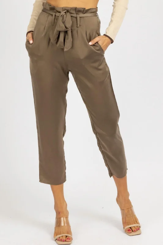 Satin Front Pleat Tie Pant In Olive Casual Apparel For Women