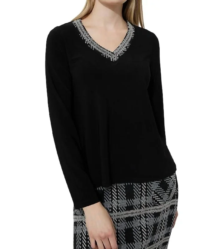 Tweed Trim Long Sleeve Top In Black Women's Holiday Clothing