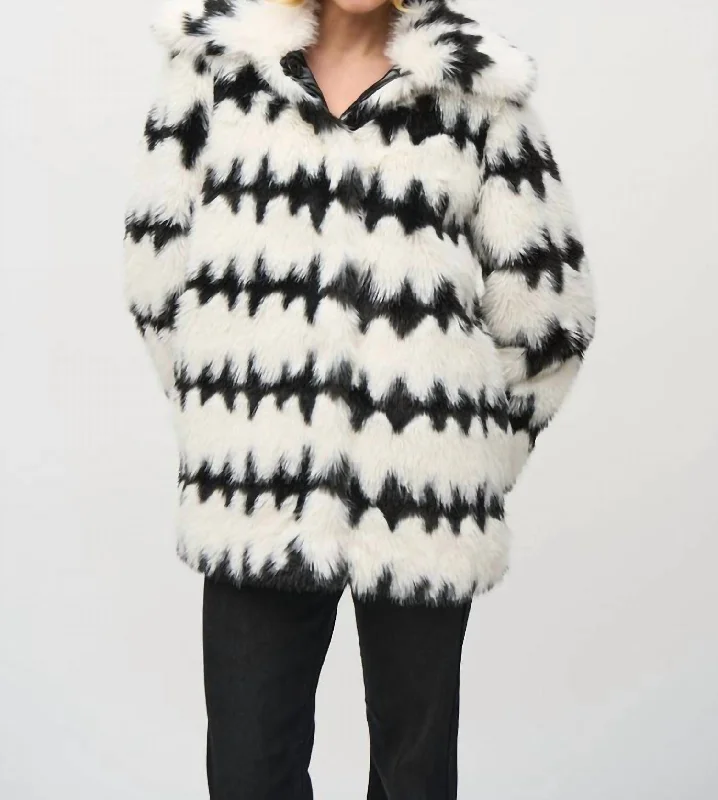 Reversible Faux Fur Stripe Coat In Black/white Women's Stylish Outdoor Outfit