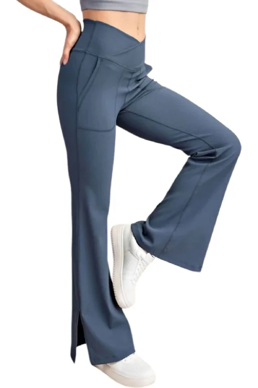 Nylon Rib V Waist Crossover Leggings In Iron Blue Women's Clothing for Every Season and Trend