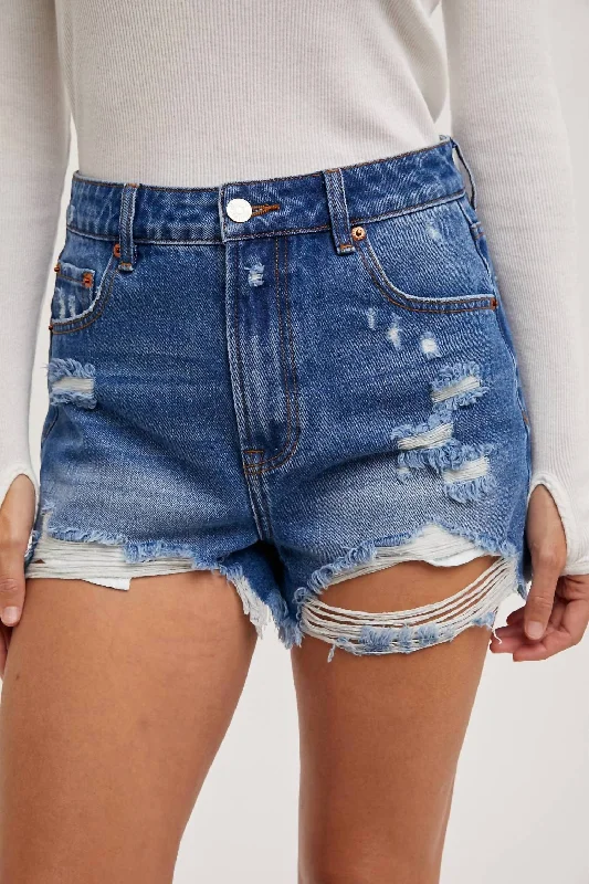 High Rise Distressed Denim Shorts In Med.wash Women's Plus-Size Garments