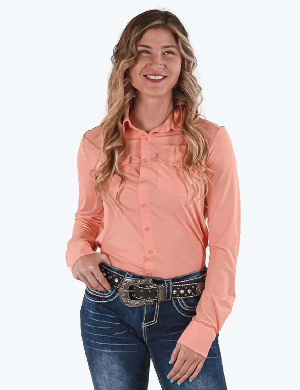 Cowgirl Tuff Womens Cooling Pullover Button Up Coral Nylon L/S Shirt Women's Chic Outerwear Outfit