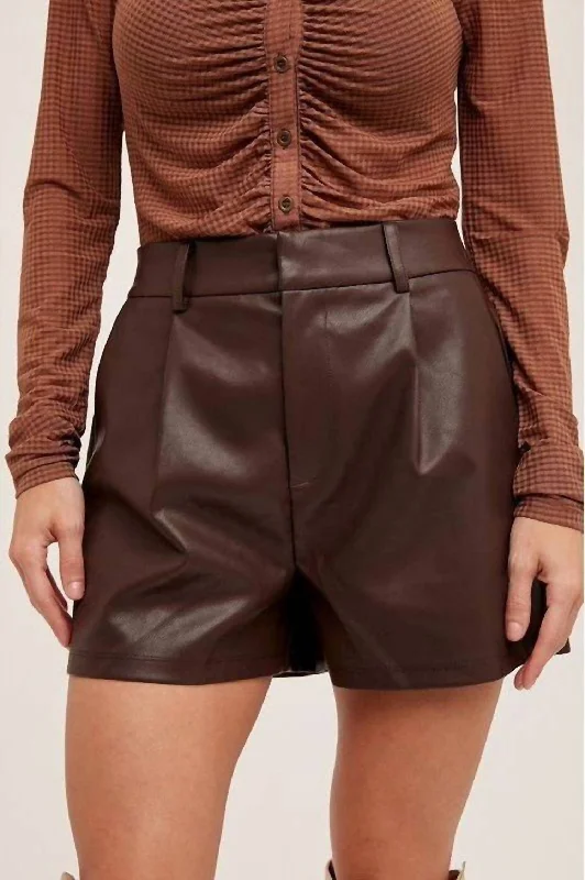 Faux Leather Pleated Shorts In Brown Stylish Women's Attire