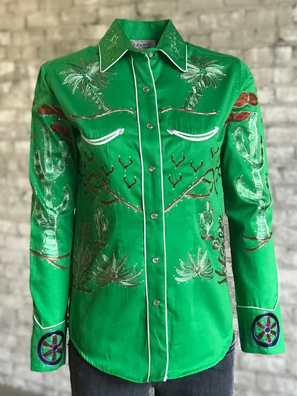 Rockmount Womens Green 100% Cotton Porter Wagoner L/S Shirt Women's Everyday Attire