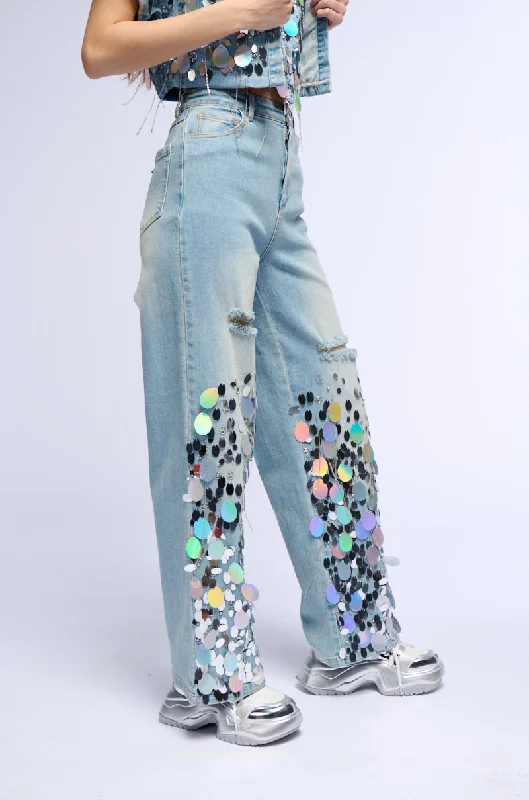 A GIRL NAMED LUCKY EMBELLISHED WIDE LEG RIPPED JEANS Sophisticated Style