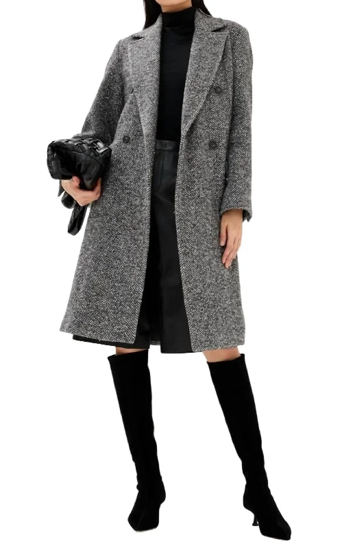 Herringbone Double Breasted Coat In Charcoal Women's Trendy Outfit