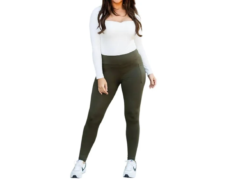 Full Length Leggings With Pockets In Olive Green Elegant Women's Clothing Online