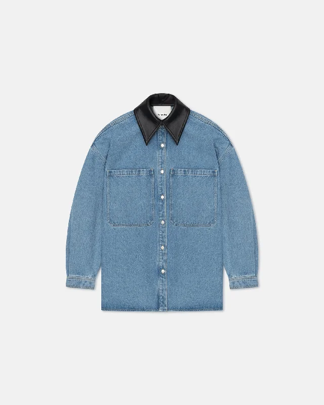 Beaux - Leather-Trimmed Denim Shirt - Mid Blue New Arrival Discounts