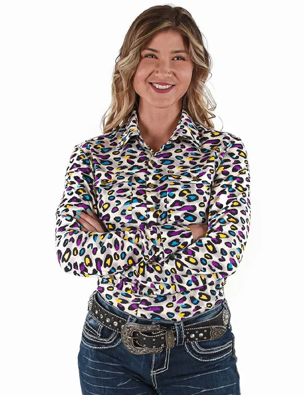 Cowgirl Tuff Womens Pullover Leopard Yellow/Turquoise Polyester L/S Shirt Women's Stylish Outdoor Outfit