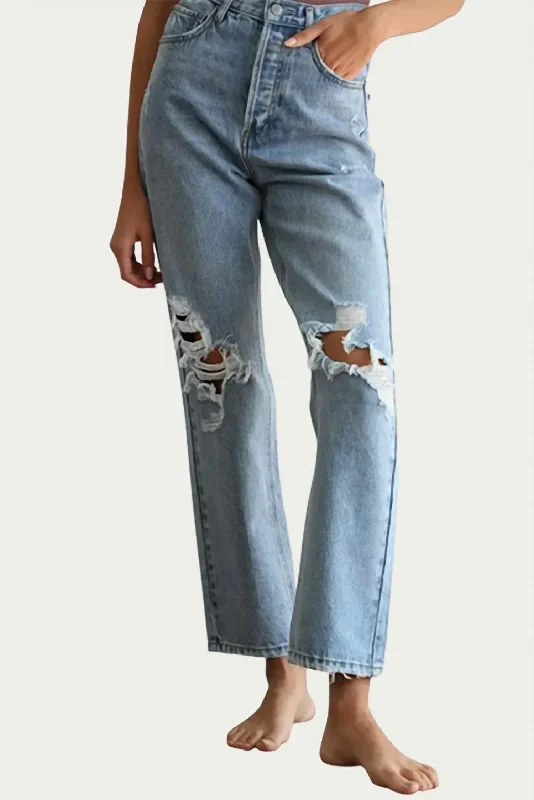 Distressed Straight-Leg Jeans In Blue Stylish Women's Outerwear Apparel