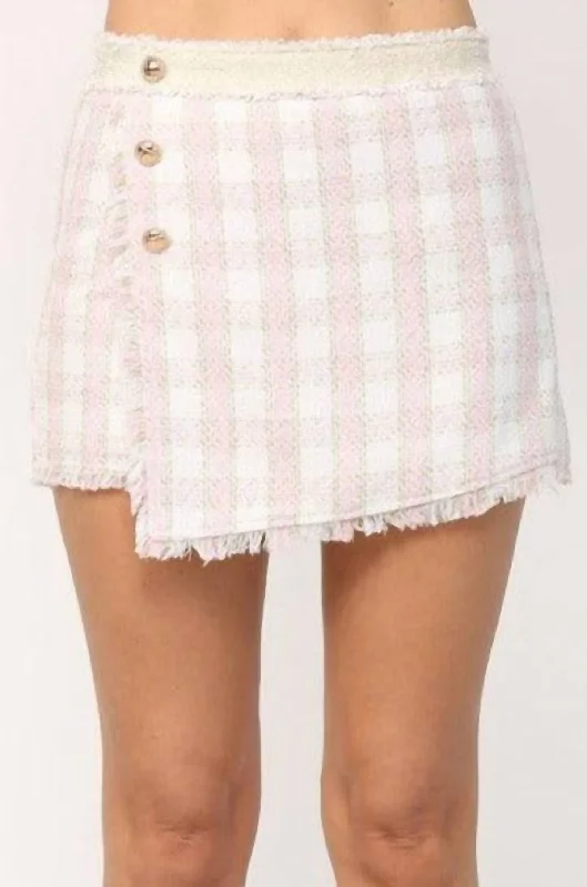 Tweed Checkered Skort In Cream/pink Plus Size Women Wear