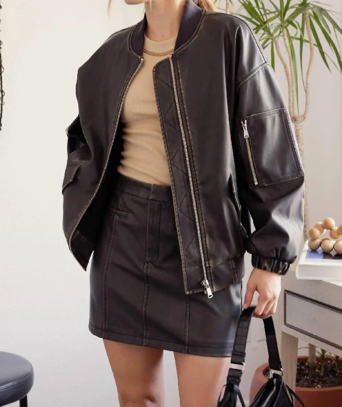 Oversized Faux Leather Bomber Jacket In Dark Brown Women's Elegant Clothes