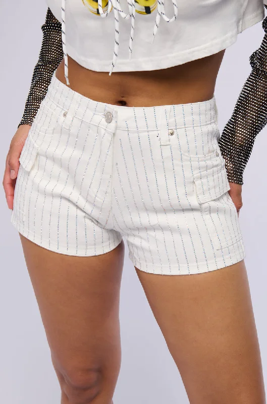 BRITTNI RHINESTONE CARGO DENIM SHORT IN WHITE Chic Clothes For Women