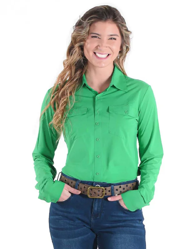 Cowgirl Tuff Womens Cooling UPF Button Up Money Green Nylon L/S Shirt Charming Women's Outfit For Special Occasions