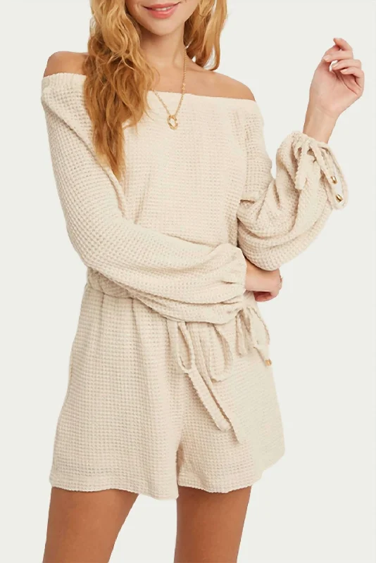 Waffle-Knit Off-The Shoulder Romper In Oatmeal Women's Professional Apparel