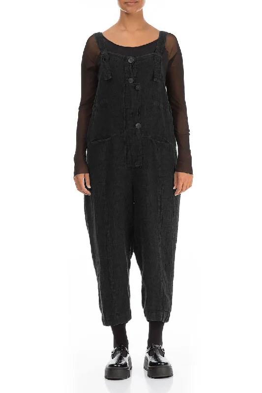 Strappy Black Mélange Linen Dungaree Jumpsuit Sales Clothes