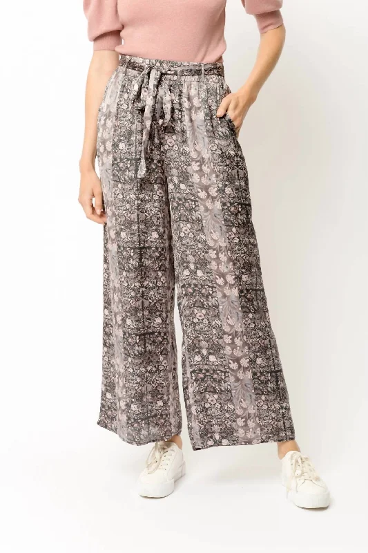 Floral Print Satin Wide Leg Pants In Charcoal Comfortable Casual Wear