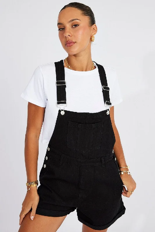 Black Short Denim Overalls Women's Evening Wear for Special Occasions