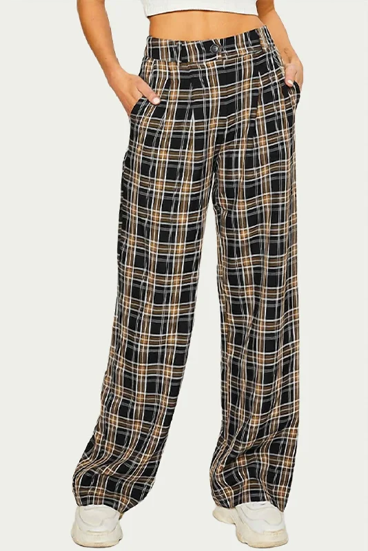 Checked Cotton-Blend Twill Wide-Leg Pant In Black Women's Athletic Apparel