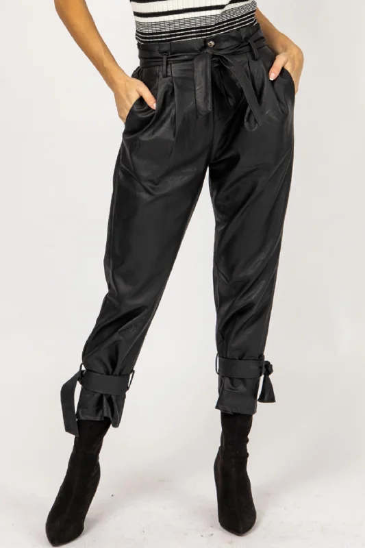 Leather Pleated Ankle Tie Pants In Black Stylish Women's Garments