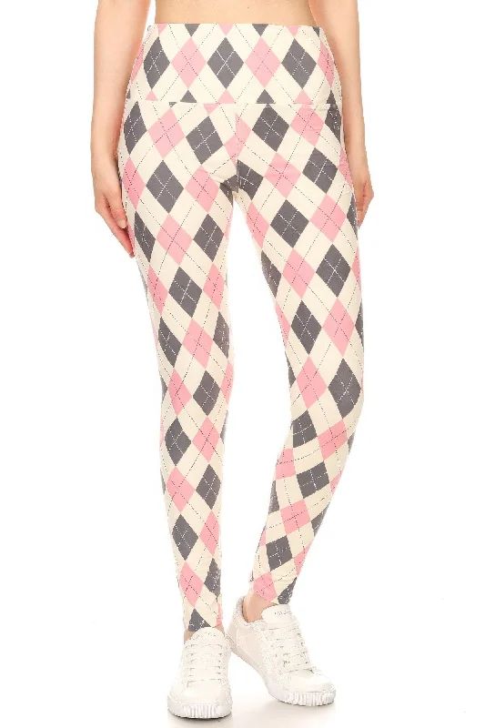 FASHNZFAB 5-inch Long Yoga Style Banded Lined Argyle Printed Knit Legging With High Waist Online Boutiques