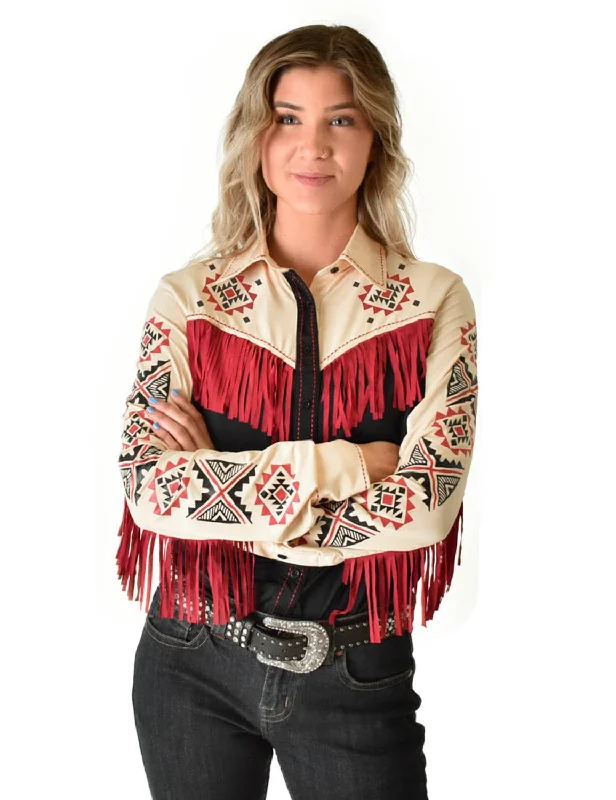 Cowgirl Tuff Womens Fringe Pullover Black/Cream Nylon L/S Shirt Elegant Women's Attire