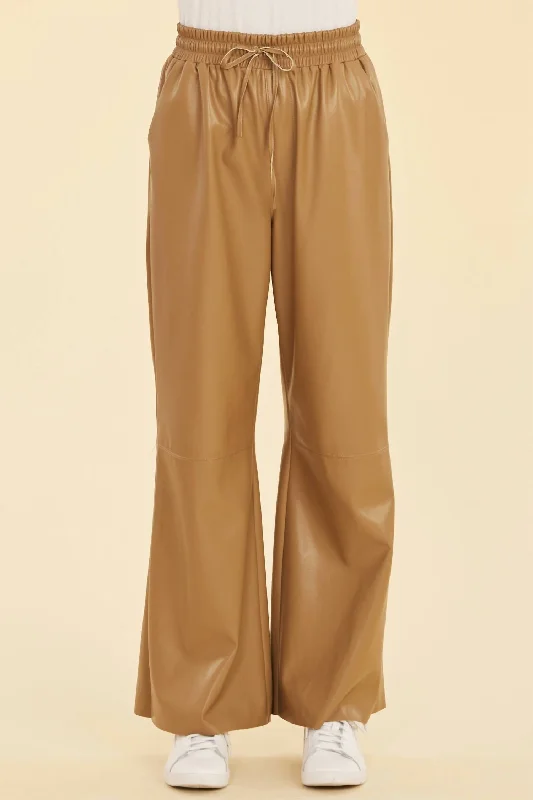 Faux Leather Wide Leg Drawstring Pants In Camel Women's Holiday Clothes