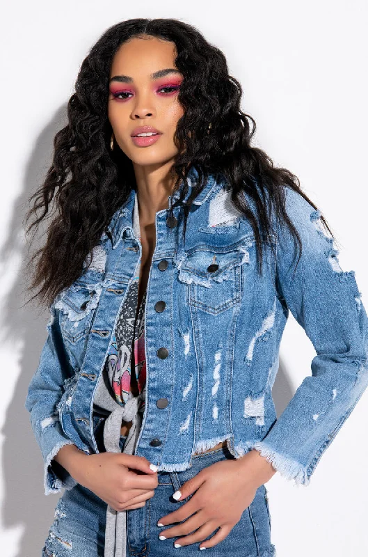 SAY MY NAME DISTRESSED CROPPED DENIM JACKET Casual Fashion Trends for Women