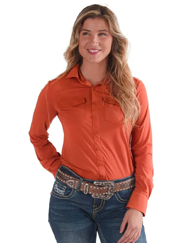 Cowgirl Tuff Womens Cooling Pullover Button Up Rust Nylon L/S Shirt Women's Trendy Casual Outfit